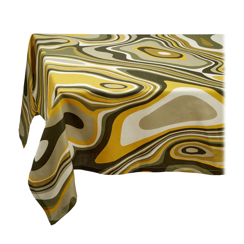 Linen Sateen Waves Tablecloth Medium - Green + Yellow