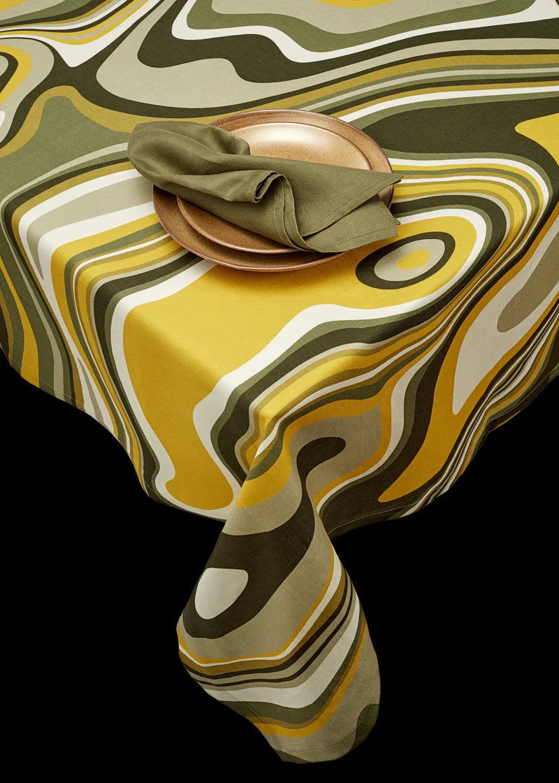 Linen Sateen Waves Tablecloth Medium - Green + Yellow
